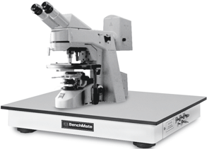 2210 Series Passive-Air BenchMate Tabletop Vibration Isolation platform with stainless top, shown supporting an optical microscope