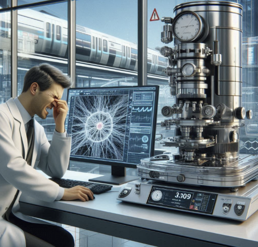 A scientist in a lab coat sits at a desk with an electronic device displaying complex data on a screen. He appears frustrated, resting his head in his hand. A futuristic cityscape is visible through large windows behind him.