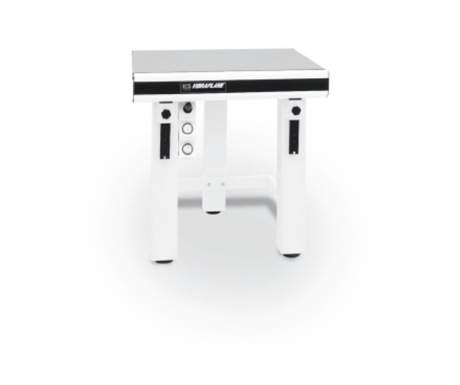 A white, sturdy lab bench with a black tabletop and adjustable height features. The front displays control buttons and a brand label. The bench is isolated against a plain white background.