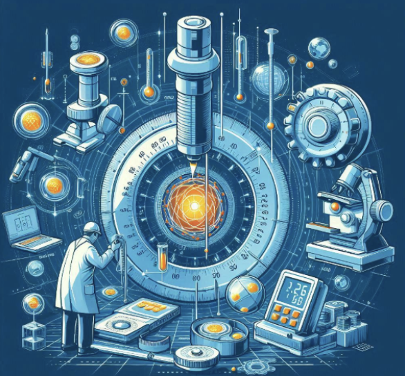 A scientist works surrounded by large lab equipment, microscopes, test tubes, digital instruments, and gears, all arranged around a glowing atom at the center, symbolizing scientific research and technological innovation.